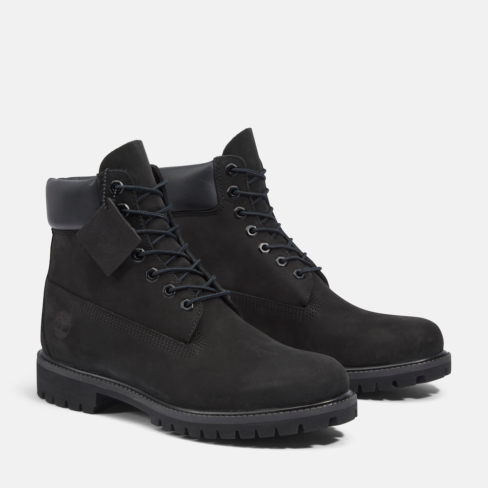 Timberland® Premium 6-Inch Boot for Men. Jet black nubuck leather boot featuring waterproof construction for dry feet, padded collar for comfort, signature lug sole for traction, and lace-up closure for a secure fit. A versatile option for everyday wear and outdoor adventures.