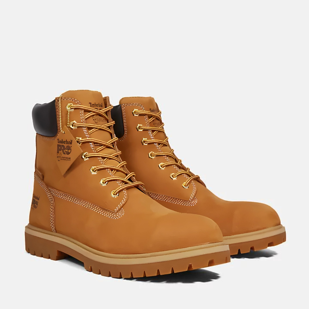 Timberland® PRO Waterproof Alloy Safety-Toe Work Boot for Men. Brown work boot featuring a lightweight alloy safety toe for protection, waterproof membrane for dry feet, slip-resistant outsole for traction, and anti-fatigue technology for long-lasting comfort.