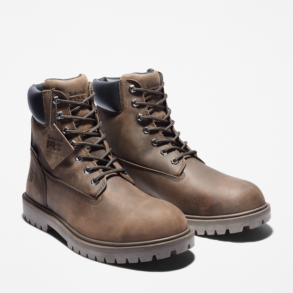 Timberland® PRO Waterproof Alloy Safety-Toe Work Boot for Men. Brown work boot featuring a lightweight alloy safety toe for protection, waterproof membrane for dry feet, slip-resistant outsole for traction, and anti-fatigue technology for long-lasting comfort.