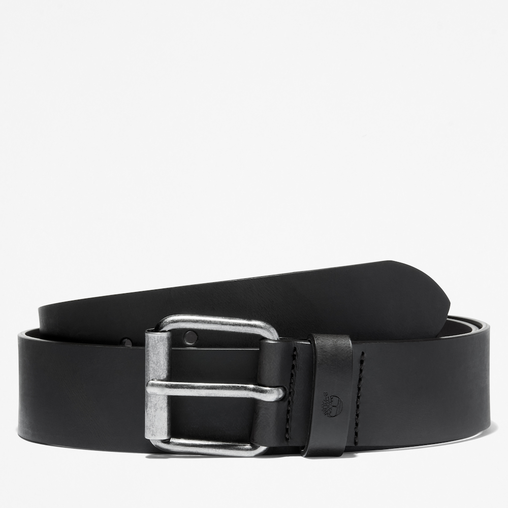 Black Timberland® Recycled Leather Belt. Black belt crafted from recycled materials for eco-conscious style. Antique-finish buckle for a vintage touch. Classic design pairs with jeans, chinos, or dress pants.
