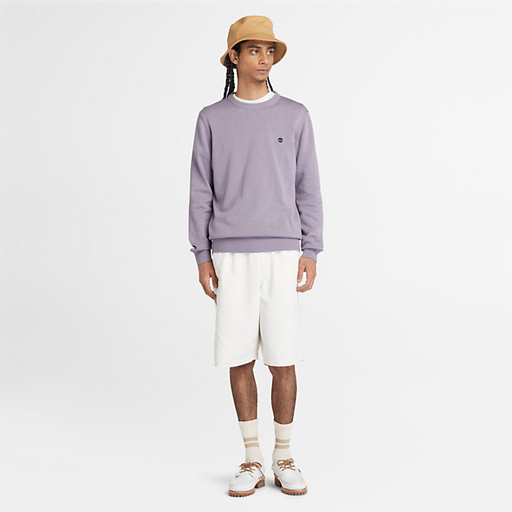 Purple ash Timberland® Williams River Crewneck Sweater for Men. Made from 100% organically grown cotton for softness and sustainability. Classic crewneck design. Ribbed cuffs and hem for comfort. Embroidered Timberland® tree logo on chest. Relaxed fit for easy layering
