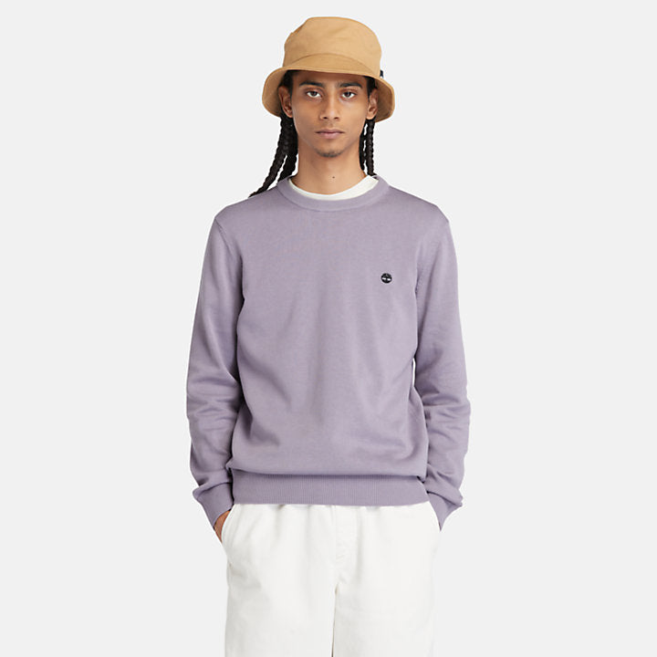 Purple ash Timberland® Williams River Crewneck Sweater for Men. Made from 100% organically grown cotton for softness and sustainability. Classic crewneck design. Ribbed cuffs and hem for comfort. Embroidered Timberland® tree logo on chest. Relaxed fit for easy layering