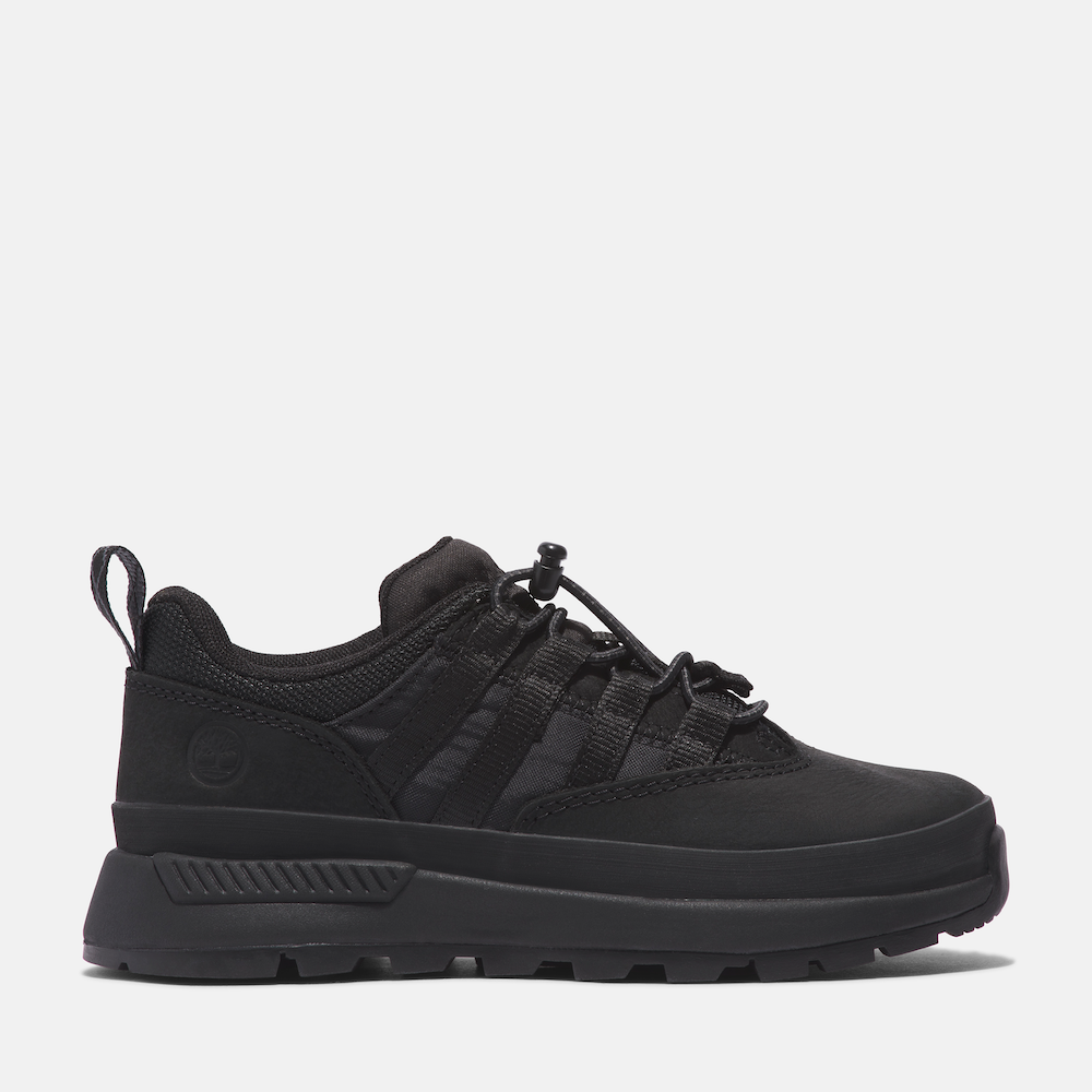 Timberland® Euro Trekker Low Lace Up Sneaker for Junior. Jet black sneaker featuring a lace-up closure for a secure fit, comfortable footbed, and lugged outsole for traction. Made with partly recycled materials. Pairs well with various outfits for everyday wear or light adventures.
