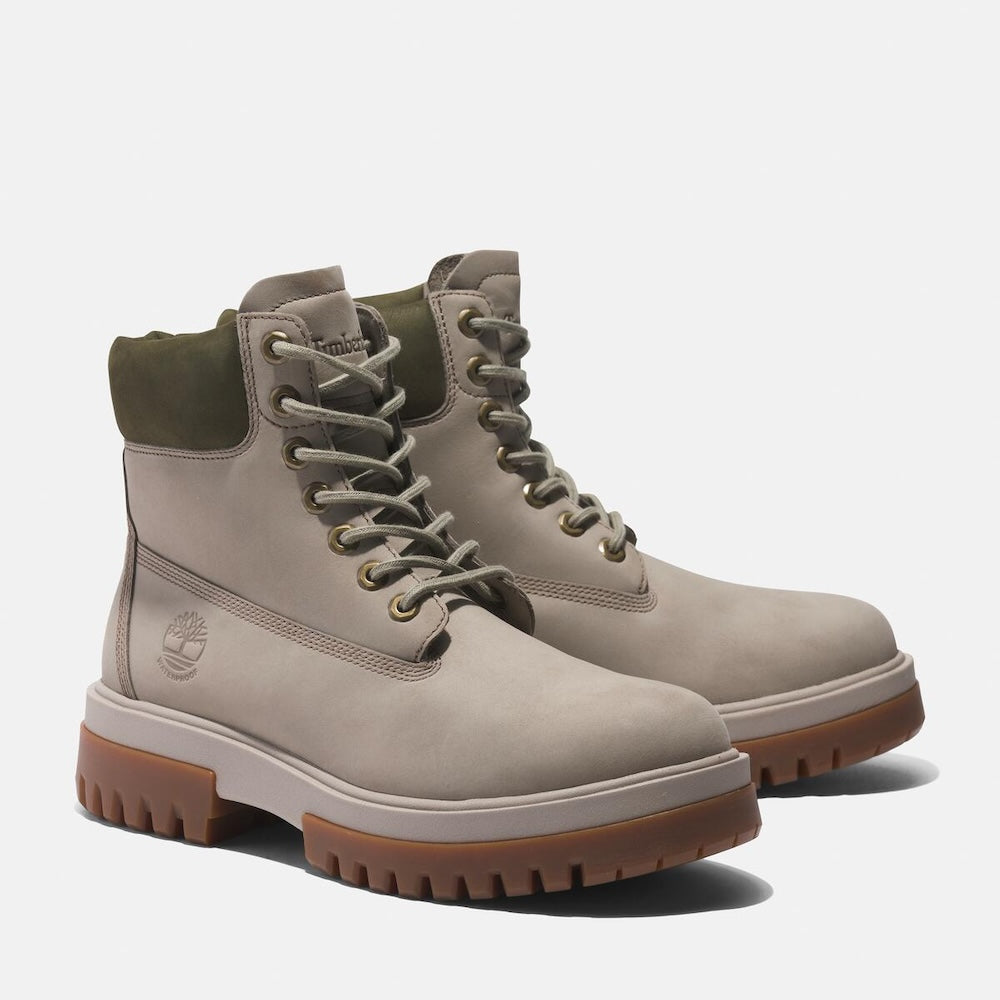 Light taupe Timberland® Arbor Road 6-Inch Waterproof Boot for Men. Premium leather upper for durability and style. Seam-sealed construction for waterproof protection. Padded collar for comfort, lace-up closure for fit. Durable outsole for traction.