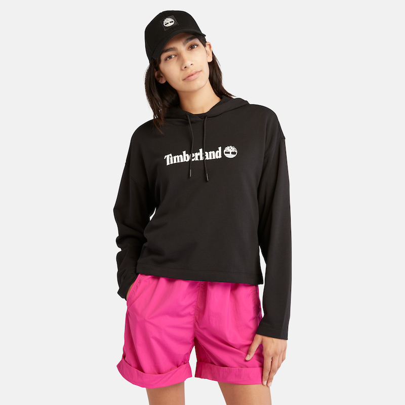 TIMBERLAND LINEAR LOGO RELAXED FIR CROPPED HOODIE FOR WOMEN IN BLACK