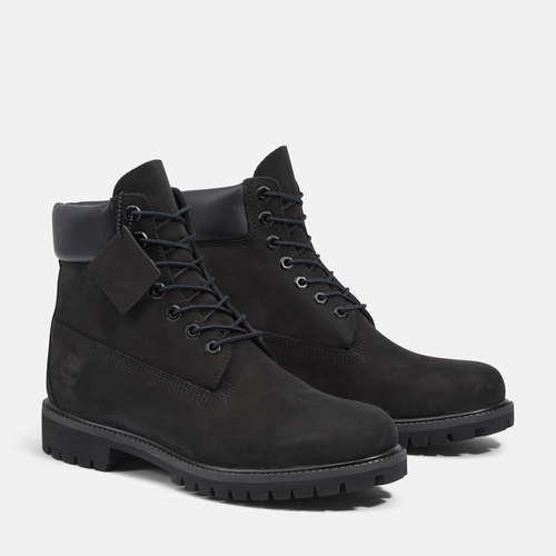 TimberlandÂ® Premium 6-Inch Boot for Men. Jet black nubuck leather boot featuring waterproof construction for dry feet, padded collar for comfort, signature lug sole for traction, and lace-up closure for a secure fit. A versatile option for everyday wear and outdoor adventures.
