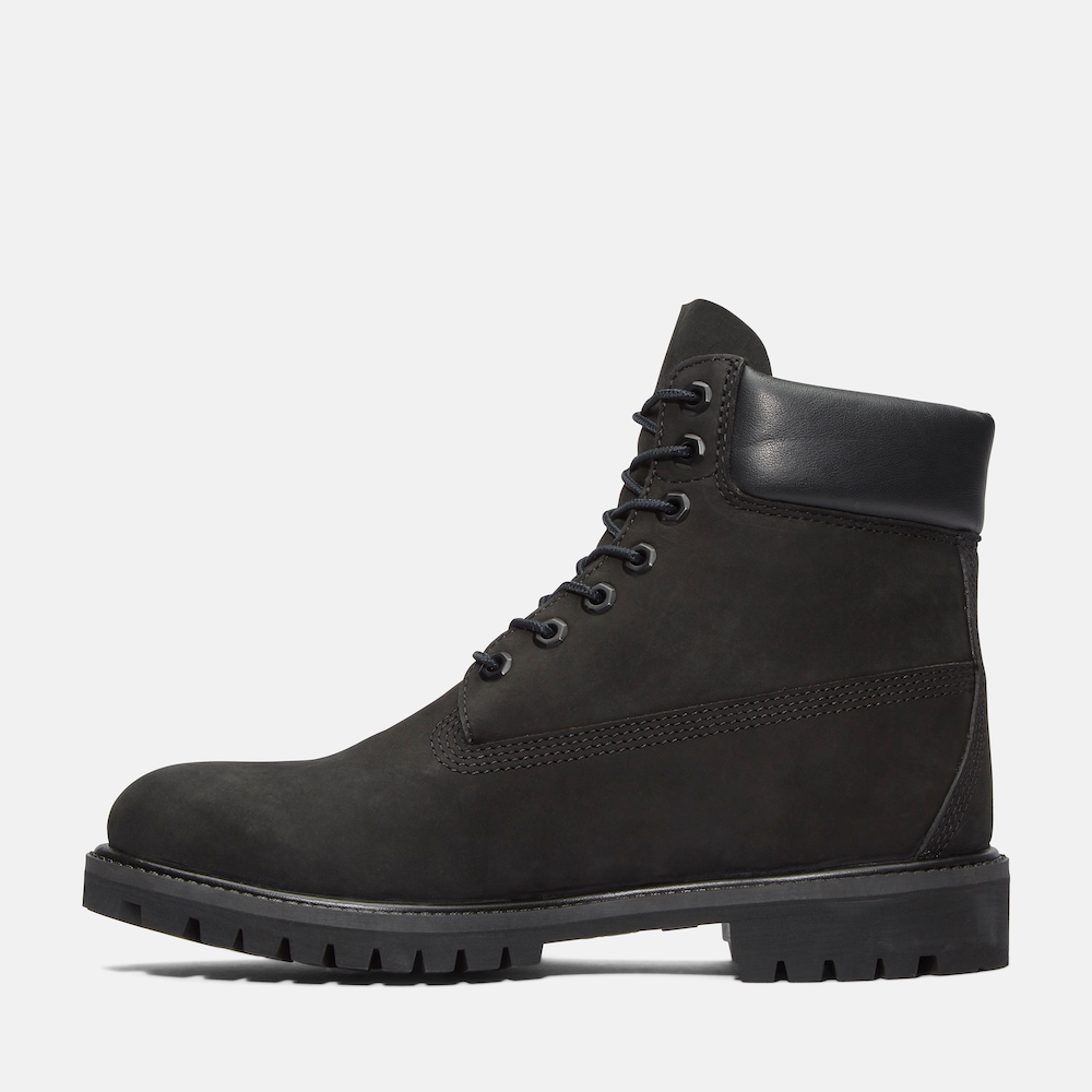 TimberlandÃƒâ€šÃ‚Â® Premium 6-Inch Boot for Men. Jet black nubuck leather boot featuring waterproof construction for dry feet, padded collar for comfort, signature lug sole for traction, and lace-up closure for a secure fit. A versatile option for everyday wear and outdoor adventures.