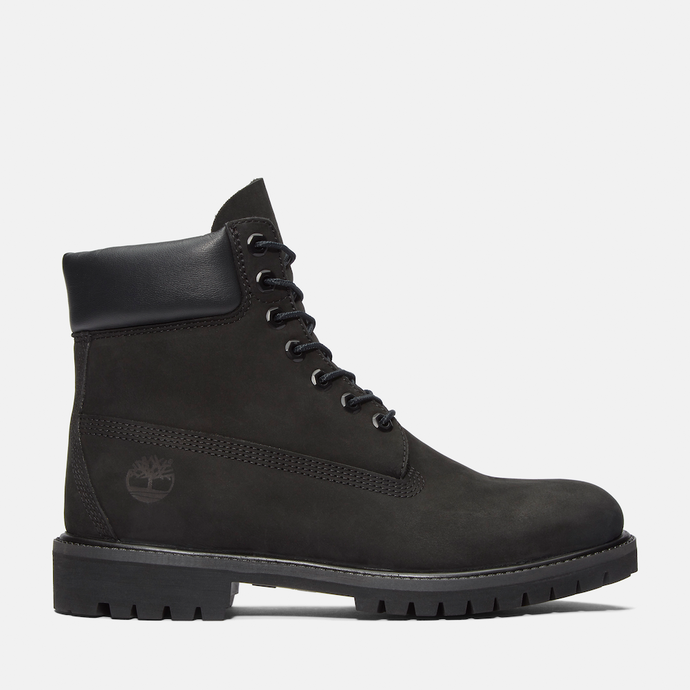 Timberland® Premium 6-Inch Boot for Men. Jet black nubuck leather boot featuring waterproof construction for dry feet, padded collar for comfort, signature lug sole for traction, and lace-up closure for a secure fit. A versatile option for everyday wear and outdoor adventures.