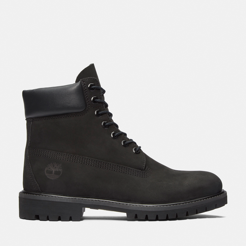 TimberlandÃƒâ€šÃ‚Â® Premium 6-Inch Boot for Men. Jet black nubuck leather boot featuring waterproof construction for dry feet, padded collar for comfort, signature lug sole for traction, and lace-up closure for a secure fit. A versatile option for everyday wear and outdoor adventures.