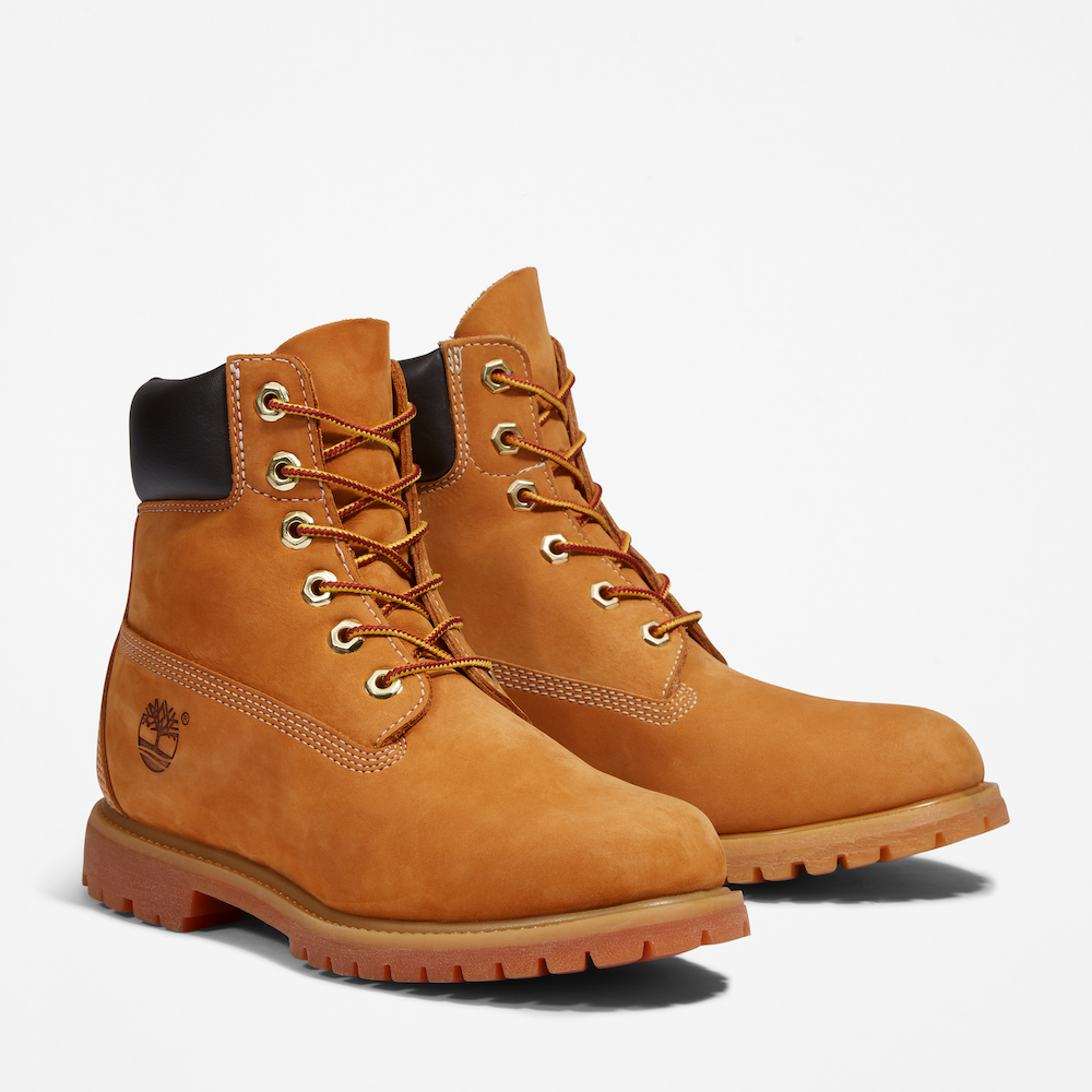 Wheat TimberlandÂ® 6-Inch Boot for Women. Waterproof leather, padded collar, lace-up closure. Durable outsole for all terrains. Classic style for everyday adventures.