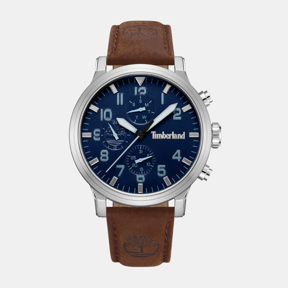 Timberland® Driscoll Watch for Men. Stainless steel case with dark blue dial and clear markers. Rich brown leather strap for a sophisticated look. 