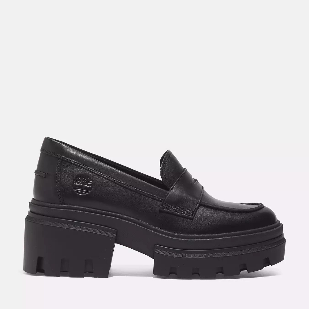 Black Timberland® Everleigh Platform Loafer. Leather upper, recycled lining, comfy insole. Platform sole for a modern touch.