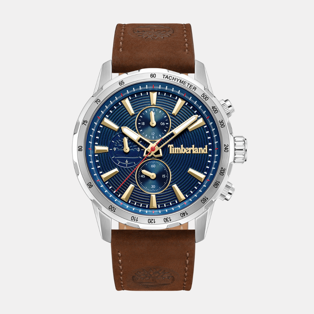 Timberland® Kennebunk Watch for Men. Stainless steel case with a navy blue dial and clear markers. Rich brown leather strap for a timeless and sophisticated look with a touch of nautical flair.