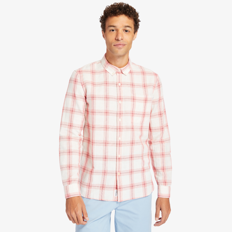 TIMBERLAND LONG SLEEVE MILL RIVER COTTON SHIRT FOR MEN IN WHITE & PINK