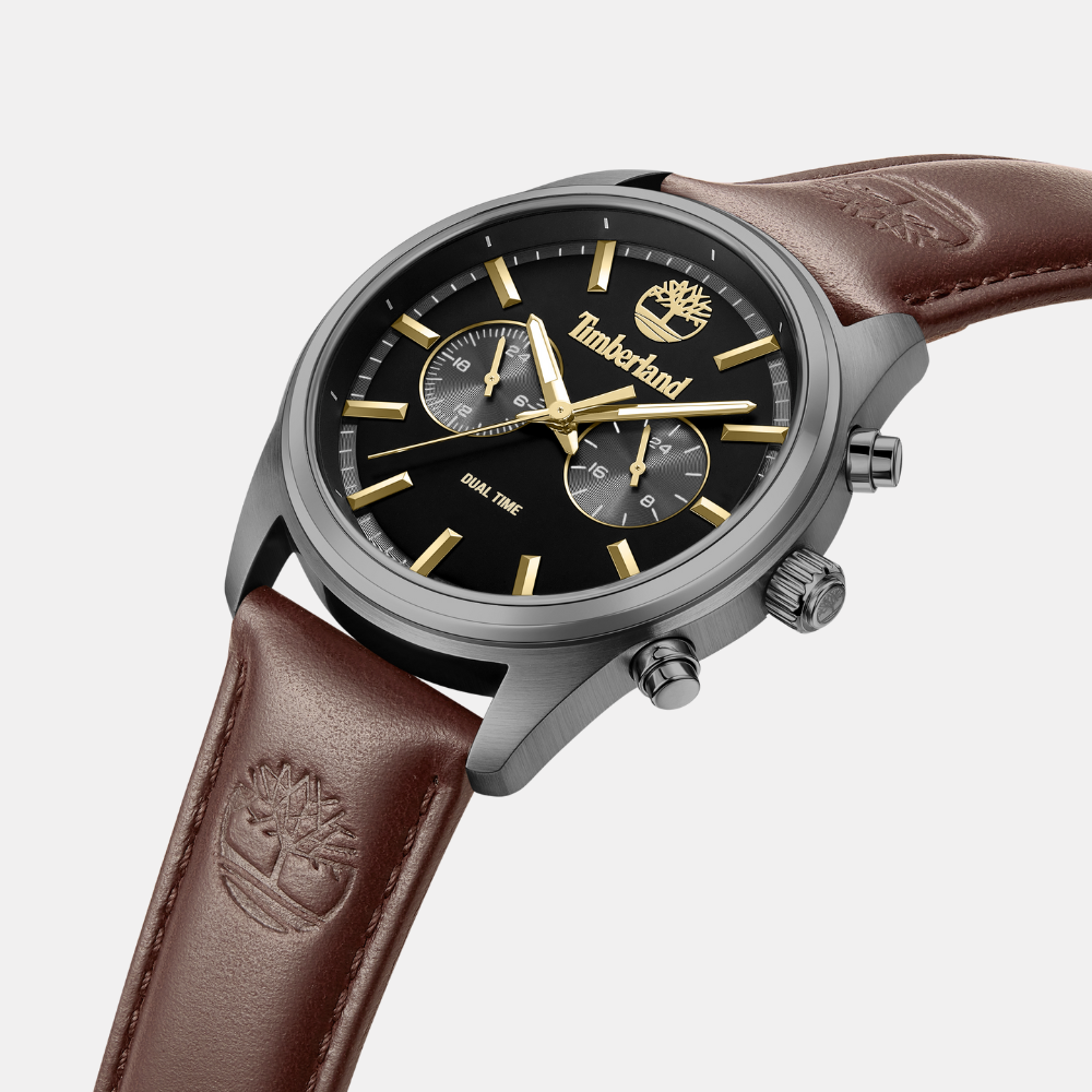 Timberland® Northbridge Watch for Men. Stainless steel case with a black dial and clear markers. Dark brown leather strap for a sophisticated and bold look. 