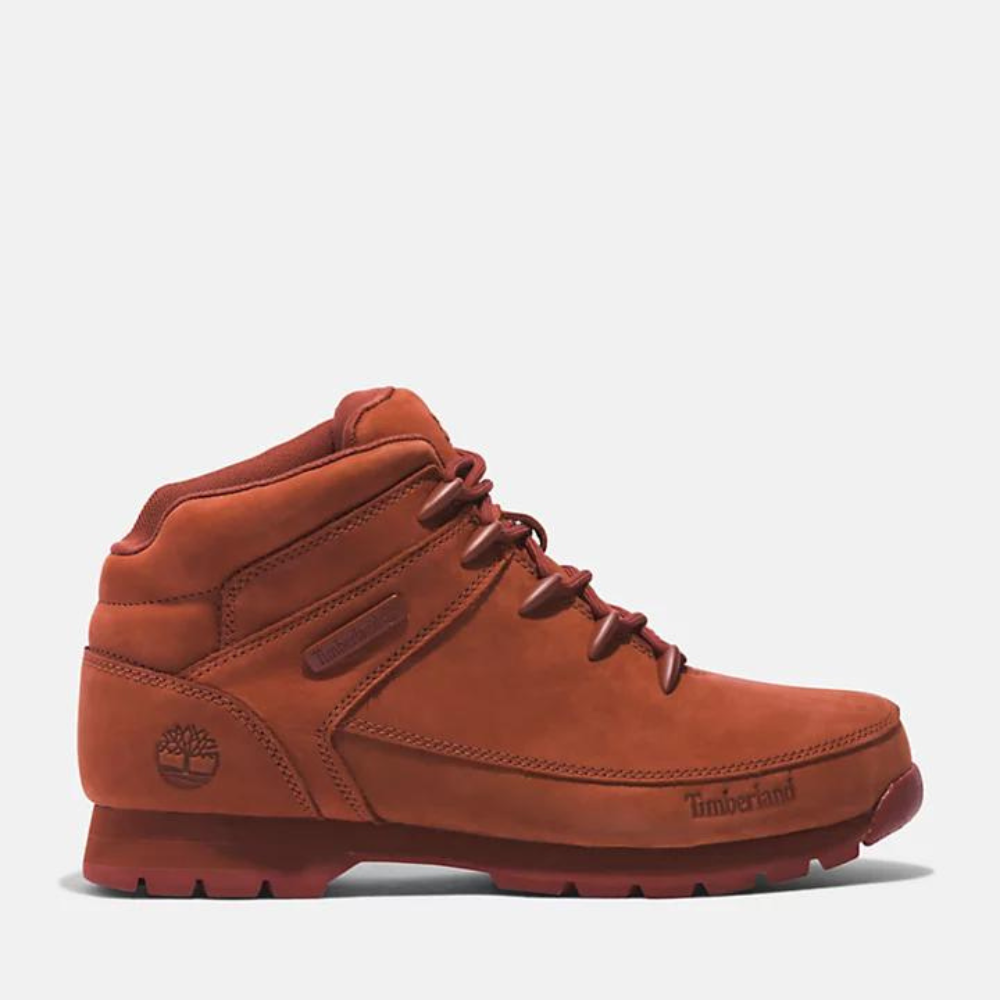 Timberland Euro Sprint Mid Lace Up Boot for Men in Deep Rust Nubuck. Mid-ankle boot featuring deep rust colored nubuck upper, supportive design, lightweight construction, and lace-up closure for a secure fit. Perfect for hiking and outdoor adventures.
