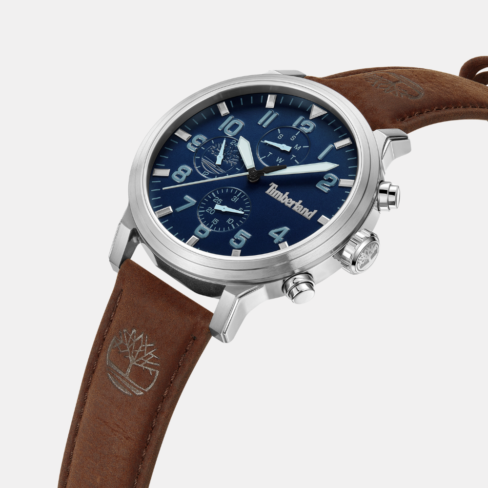 Timberland® Driscoll Watch for Men. Stainless steel case with dark blue dial and clear markers. Rich brown leather strap for a sophisticated look. 