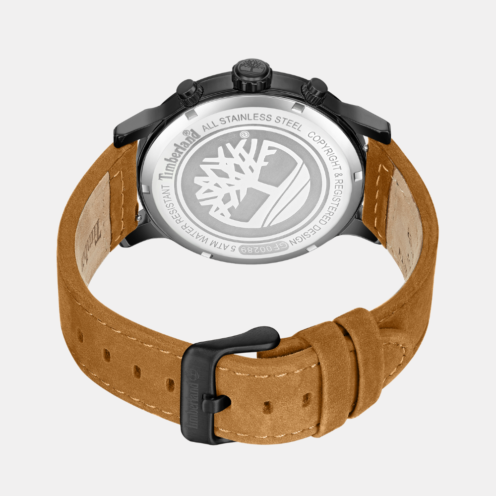 Timberland® Pancher Watch for Men. Stainless steel case with black dial and clear markers. Genuine wheat leather strap in a warm wheat color, embossed with the Timberland® tree logo.