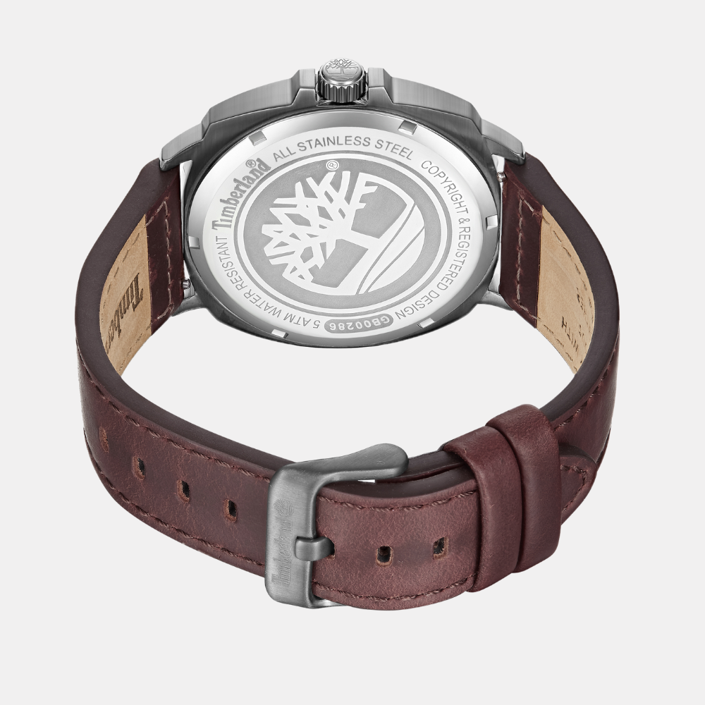 Timberland® Actwell Watch for Men. Stainless steel case with black dial and clear markers. Brown leather strap for a classic and sophisticated look