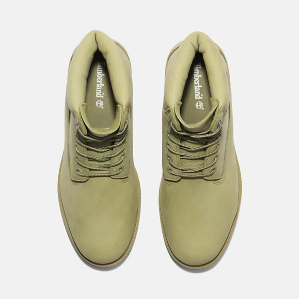 Light green Timberland¡ Heritage 6-Inch Boot for Men. Unique light green leather boot featuring a classic 6-inch silhouette. Waterproof construction keeps feet dry. Padded collar for comfort, lace-up closure for secure fit. Durable outsole delivers traction