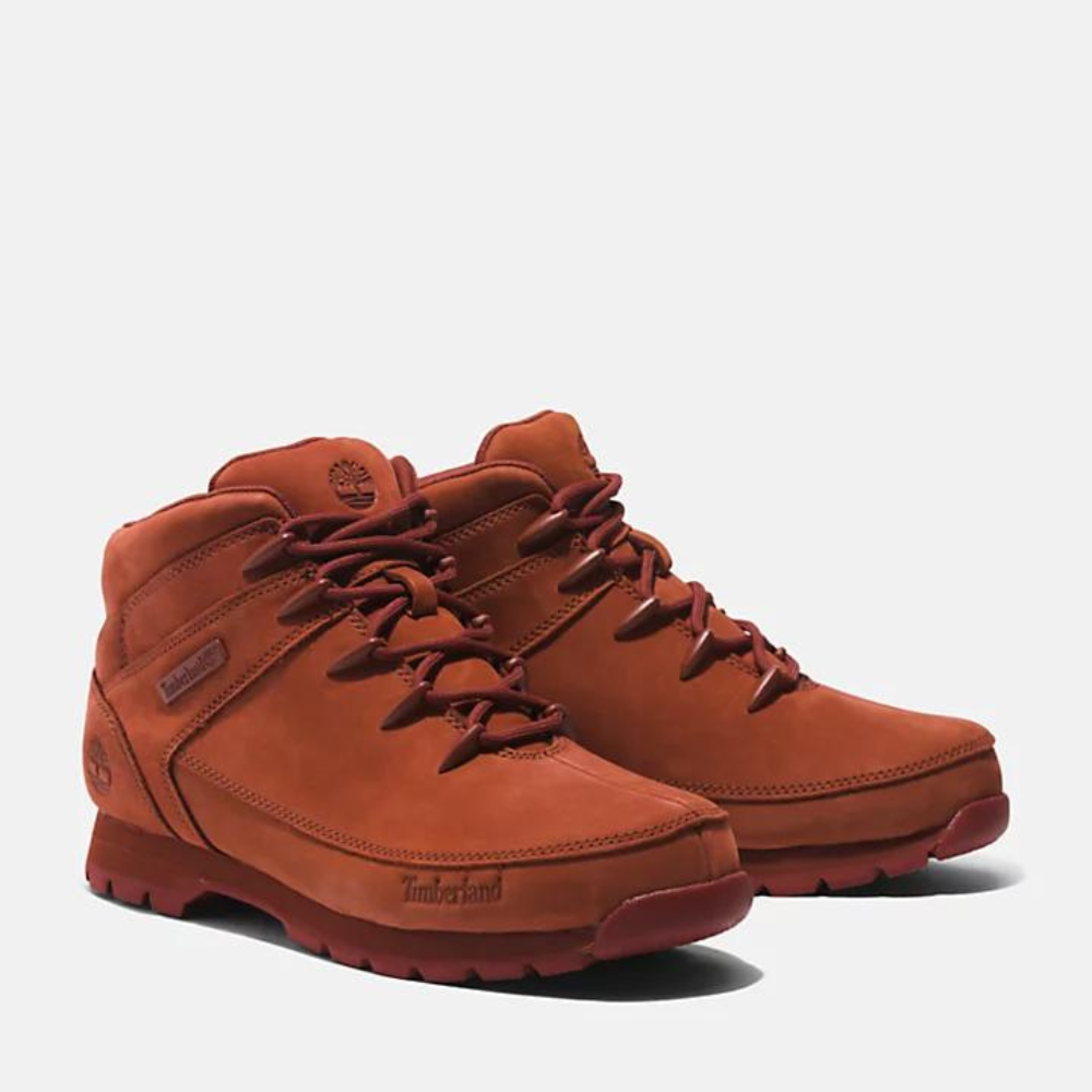 Timberland Euro Sprint Mid Lace Up Boot for Men in Deep Rust Nubuck. Mid-ankle boot featuring deep rust colored nubuck upper, supportive design, lightweight construction, and lace-up closure for a secure fit. Perfect for hiking and outdoor adventures.