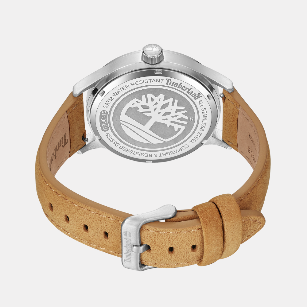 Timberland® Trumbull Watch for Men. Stainless steel case with black dial and clear markers. Genuine wheat leather strap in a warm wheat color. 