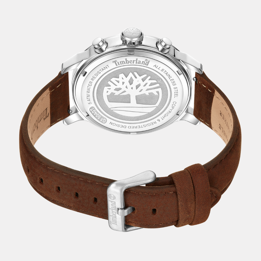 Timberland® Driscoll Watch for Men. Stainless steel case with dark blue dial and clear markers. Rich brown leather strap for a sophisticated look. 