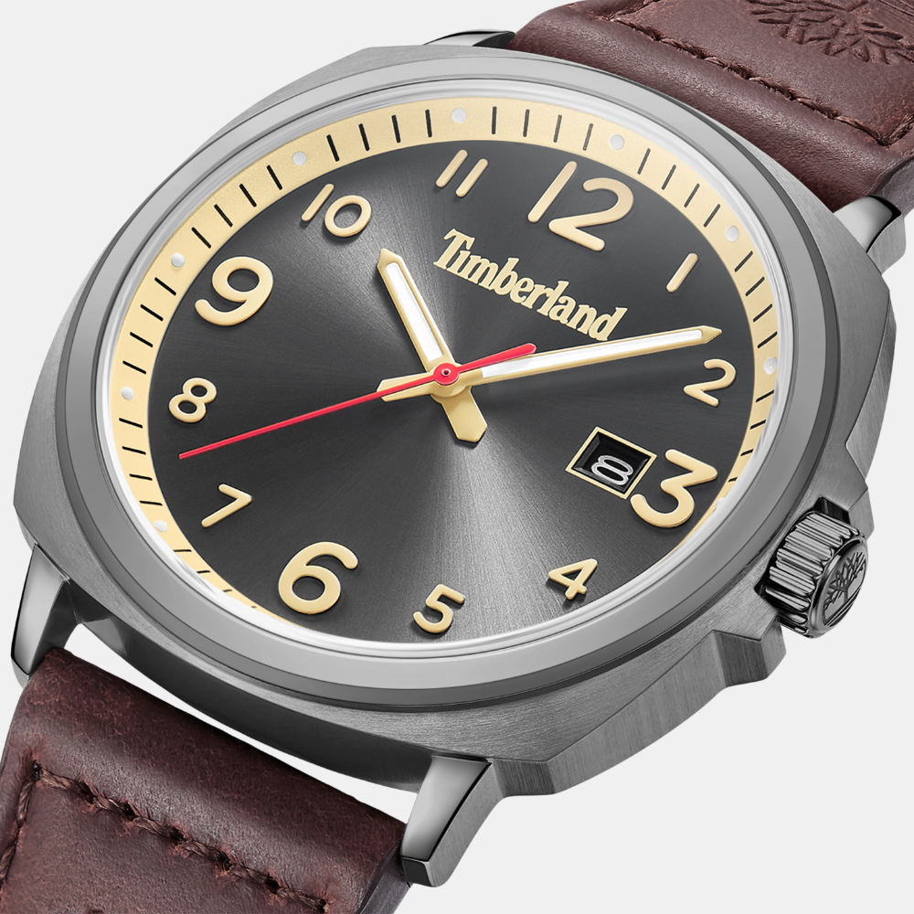 Timberland® Actwell Watch for Men. Stainless steel case with black dial and clear markers. Brown leather strap for a classic and sophisticated look