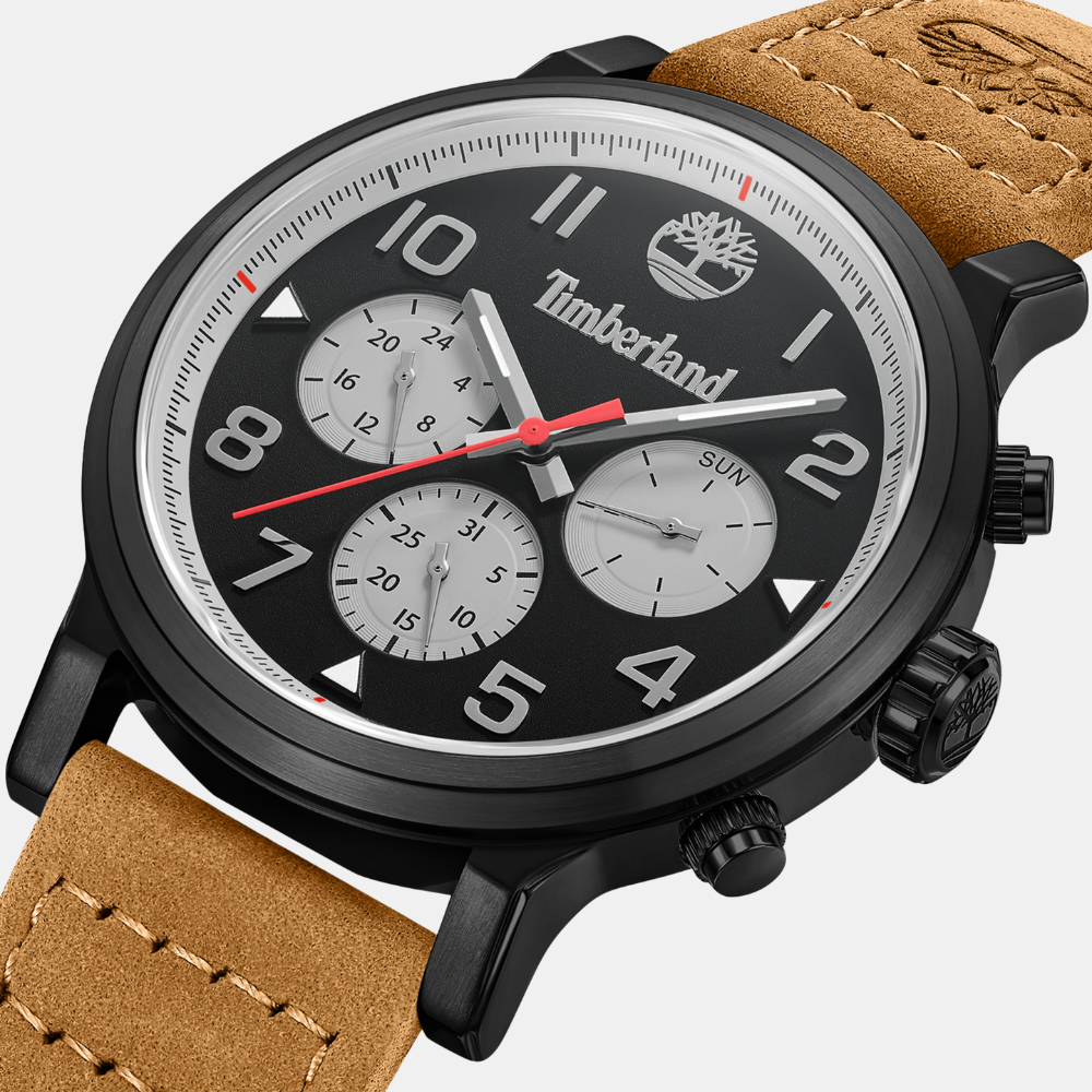 Timberland® Pancher Watch for Men. Stainless steel case with black dial and clear markers. Genuine wheat leather strap in a warm wheat color, embossed with the Timberland® tree logo.