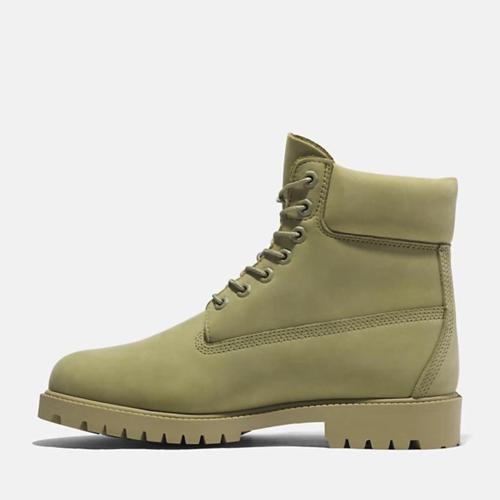 Light green Timberland¡ Heritage 6-Inch Boot for Men. Unique light green leather boot featuring a classic 6-inch silhouette. Waterproof construction keeps feet dry. Padded collar for comfort, lace-up closure for secure fit. Durable outsole delivers traction