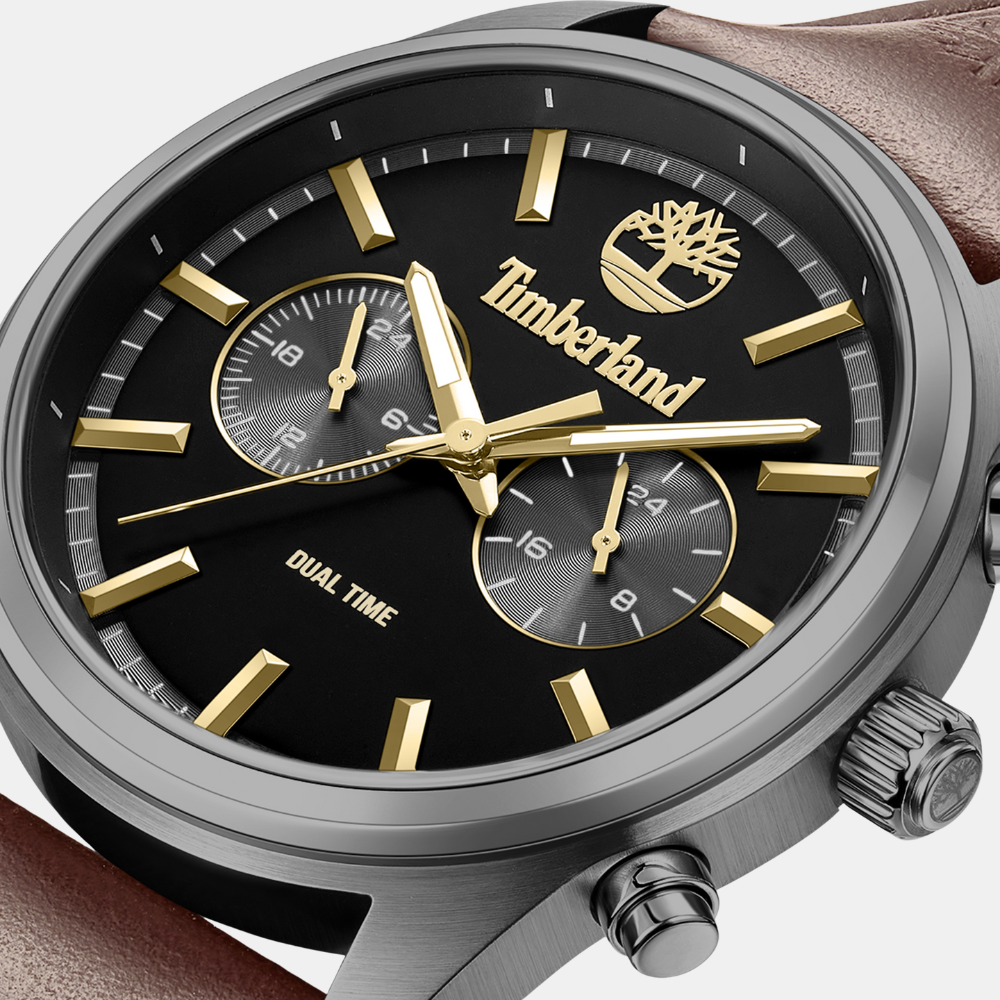 Timberland® Northbridge Watch for Men. Stainless steel case with a black dial and clear markers. Dark brown leather strap for a sophisticated and bold look. 