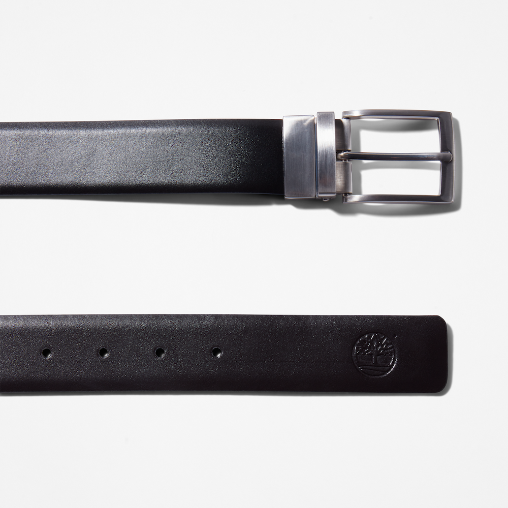 Black TimberlandÂ® Reversible Leather Belt. Black leather belt with a reversible design.  Full-grain leather for quality and durability.