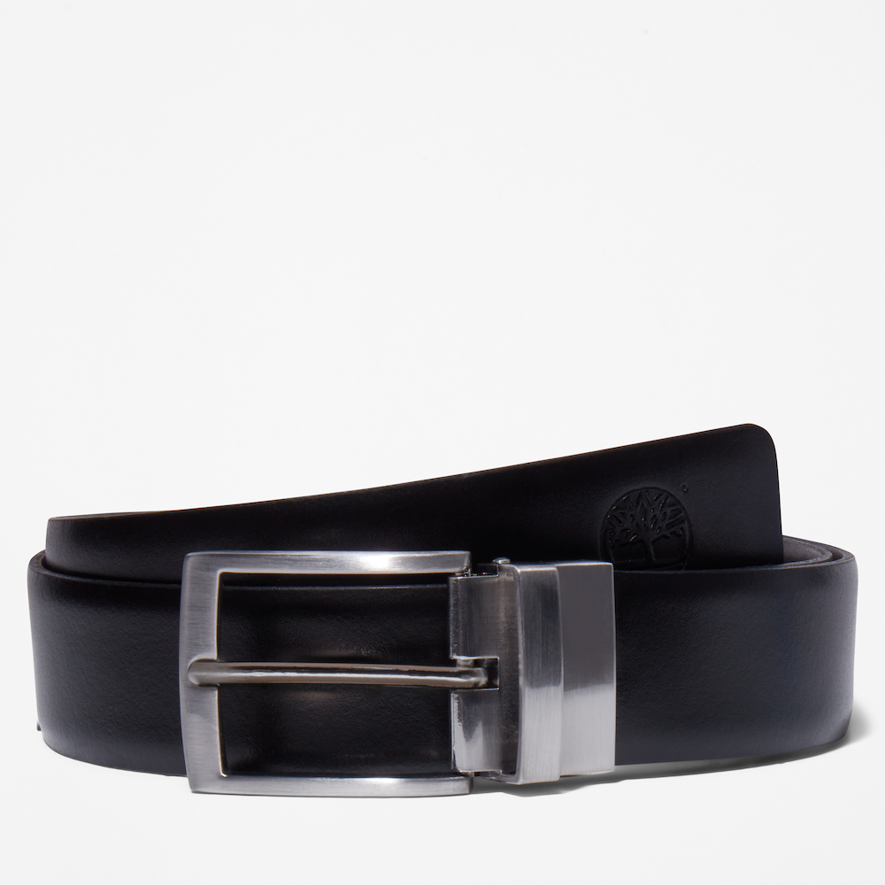 Black TimberlandÂ® Reversible Leather Belt. Black leather belt with a reversible design.  Full-grain leather for quality and durability.