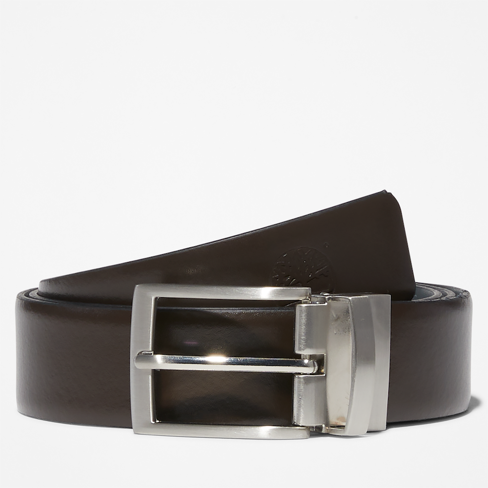 Dark brown TimberlandÂ® Reversible Leather Belt. Reversible belt with dark brown and black color options. Made from 100% split cow leather for quality and affordability. Features antiqued silver hardware and a reversible buckle system.  Embossed logo on the tip
