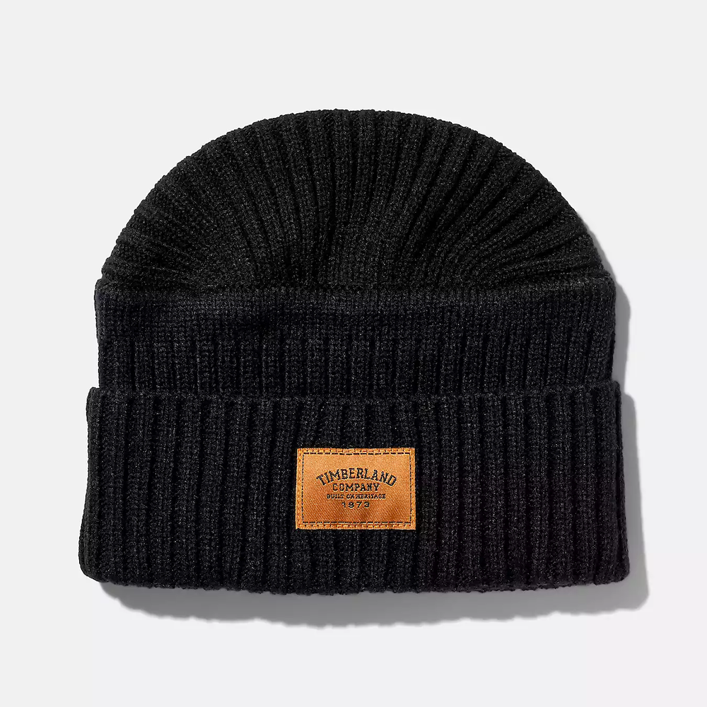 TimberlandÂ® Ribbed Beanie. Soft acrylic for comfort. Ribbed knit pattern for style. Woven TimberlandÂ® logo patch. Fold-up cuff for adjustable fit. Single layer for breathability. One size fits most.