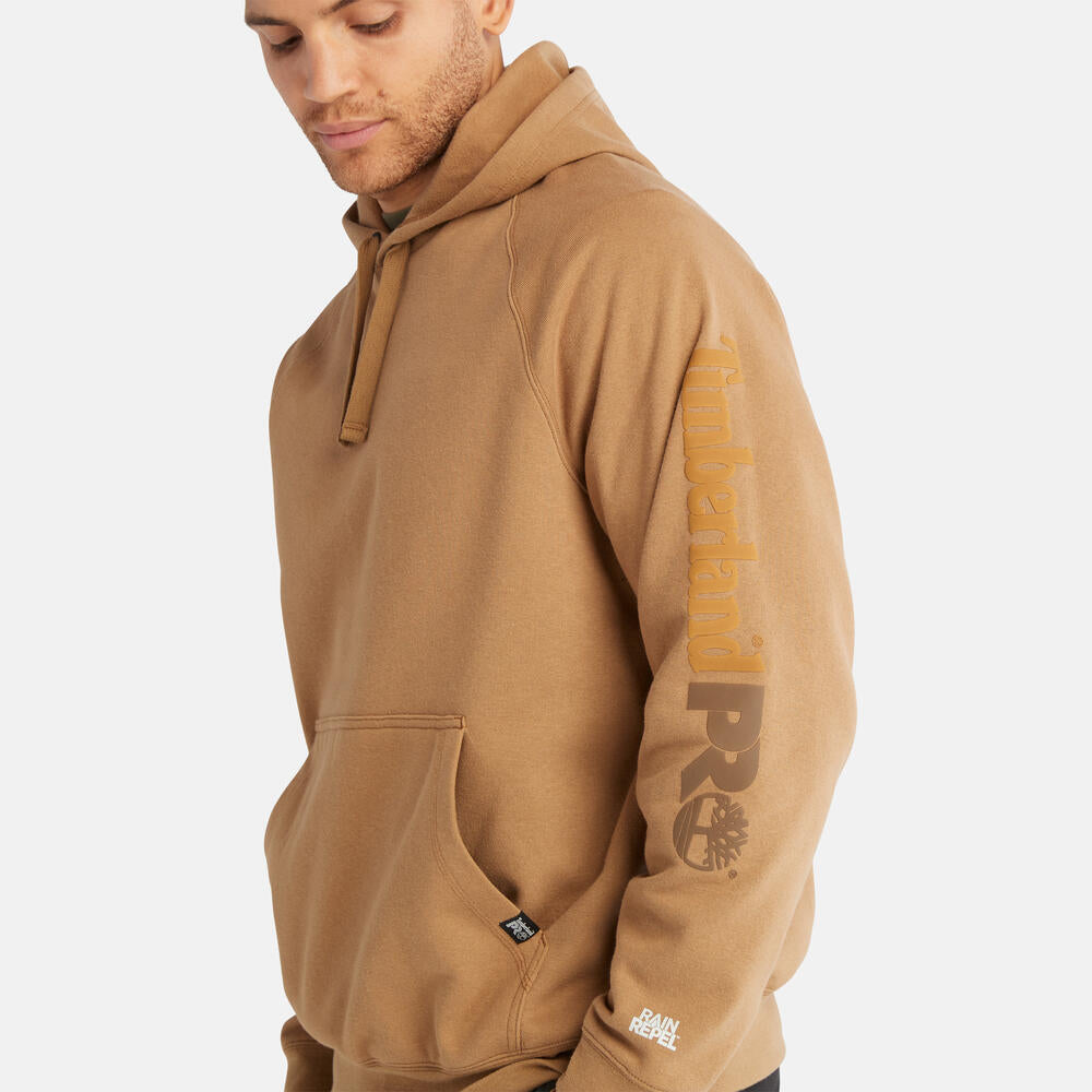 Timberland PRO Hood Honcho Sport Hoodie in Dark Wheat. Durable workwear hoodie with hidden phone pocket. Relaxed fit for comfort. Great for professionals.
