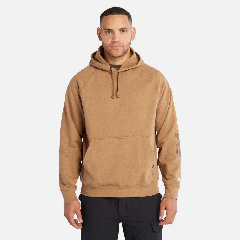 Timberland PRO Hood Honcho Sport Hoodie in Dark Wheat. Durable workwear hoodie with hidden phone pocket. Relaxed fit for comfort. Great for professionals.