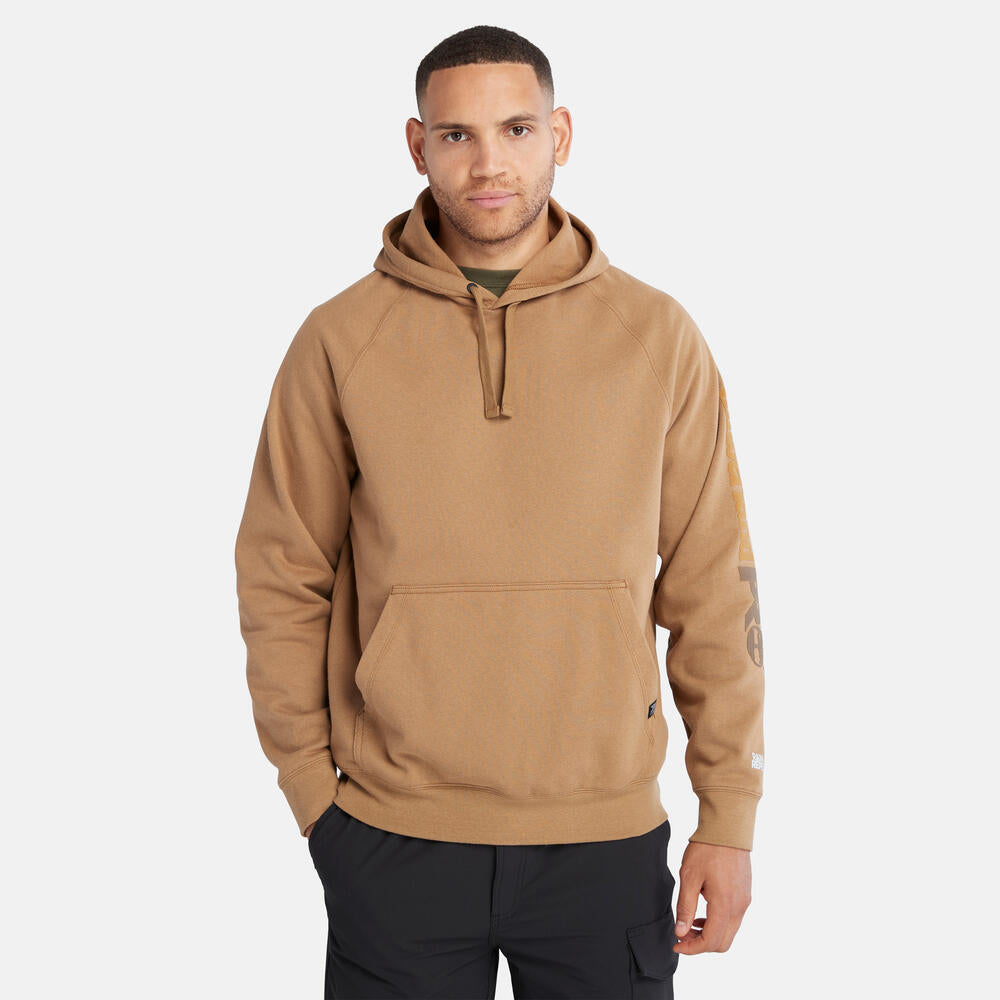 Timberland PRO Hood Honcho Sport Hoodie in Dark Wheat. Durable workwear hoodie with hidden phone pocket. Relaxed fit for comfort. Great for professionals.
