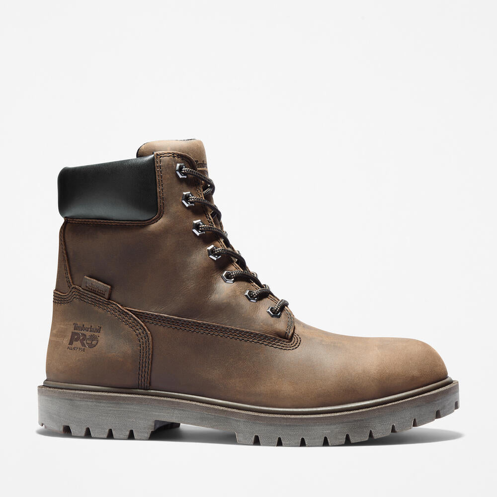 Timberland® PRO Waterproof Alloy Safety-Toe Work Boot for Men. Brown work boot featuring a lightweight alloy safety toe for protection, waterproof membrane for dry feet, slip-resistant outsole for traction, and anti-fatigue technology for long-lasting comfort.