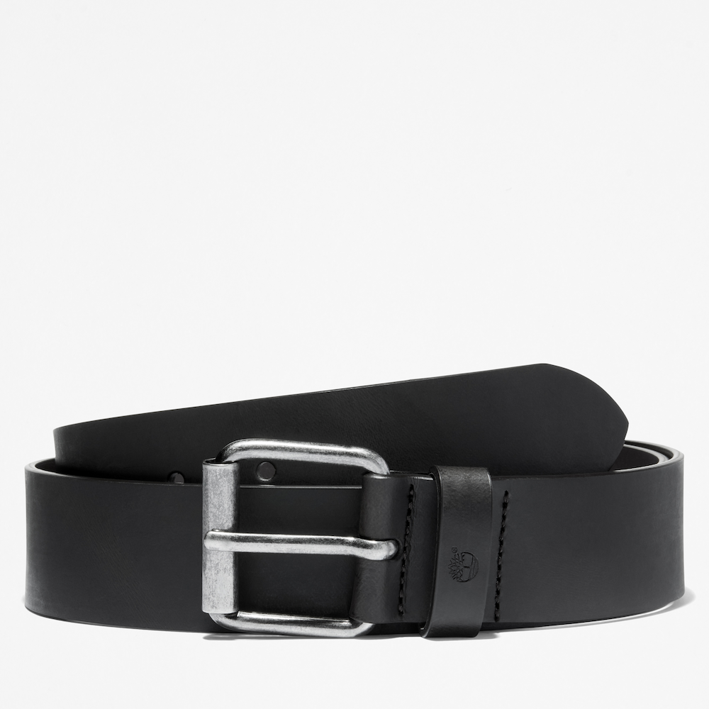Black Timberland€š® Recycled Leather Belt. Black belt crafted from recycled materials for eco-conscious style. Antique-finish buckle for a vintage touch. Classic design pairs with jeans, chinos, or dress pants.