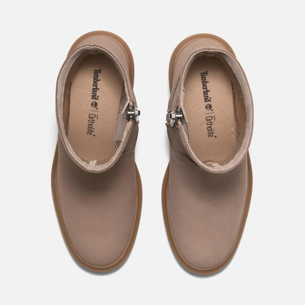 Timberland Allington Heights Mid Zip-Up Boot for Women in Taupe.  Taupe leather boot with side zip, ReBOTL lining, and OrthoLite footbed. Versatile and comfortable for everyday wear.  