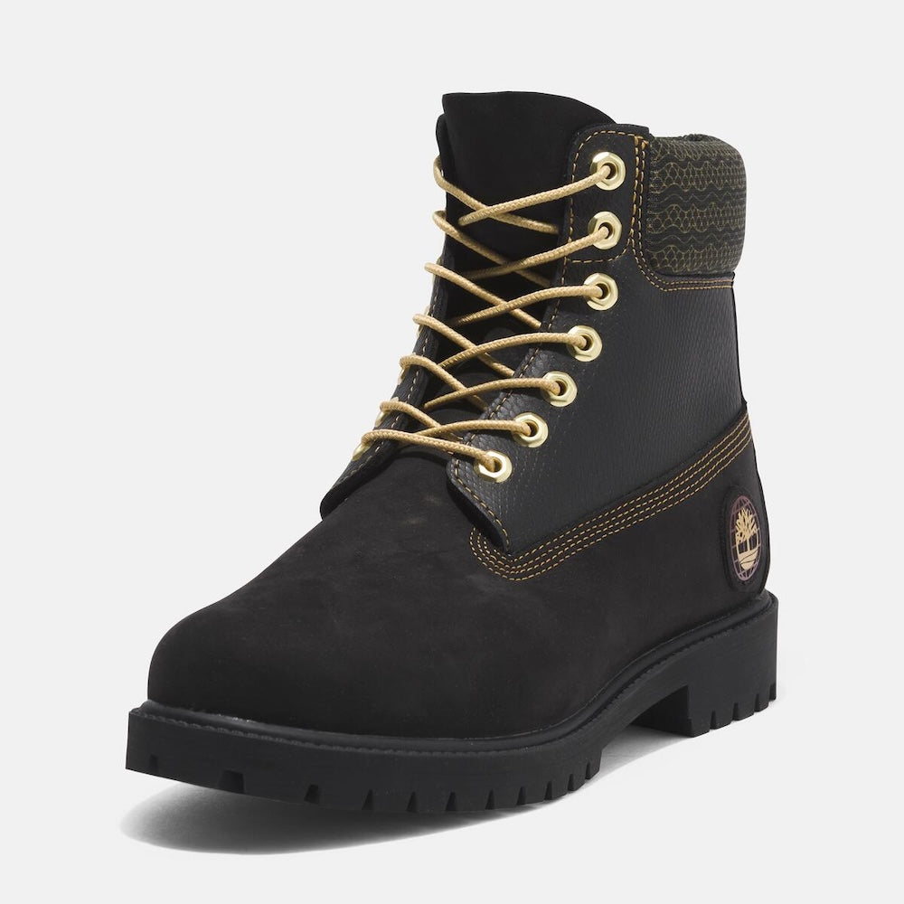 Black Timberland® Heritage 6-Inch Boot for Men. Classic black boot featuring a combination of premium leather and suede for a stylish and durable look. Seam-sealed construction for waterproof protection. Padded collar for comfort, lace-up closure for secure fit.