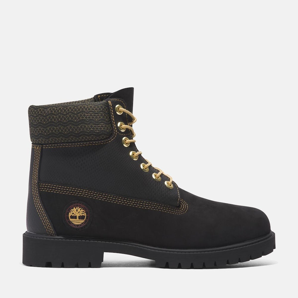 Black Timberland® Heritage 6-Inch Boot for Men. Classic black boot featuring a combination of premium leather and suede for a stylish and durable look. Seam-sealed construction for waterproof protection. Padded collar for comfort, lace-up closure for secure fit.