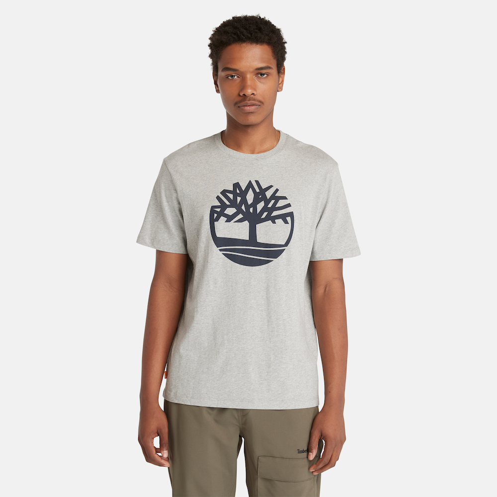  Timberland® Kennebec River Tree Logo Regular Fit T-Shirt for Men in Grey. Grey crewneck t-shirt made from 100% organic cotton featuring a large Timberland® tree logo graphic on the chest.