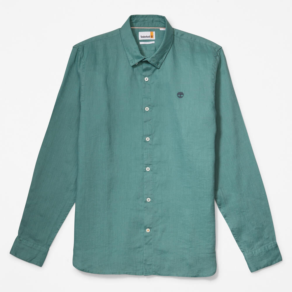 Timberland Mill Brook Linen Shirt for Men in Teal. Teal linen shirt for men with a button-down collar and relaxed fit. Perfect for warm weather and casual occasions.