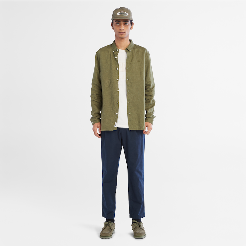 MILL RIVER SLIM FIT LINEN SHIRT FOR MEN IN OLIVE GREEN