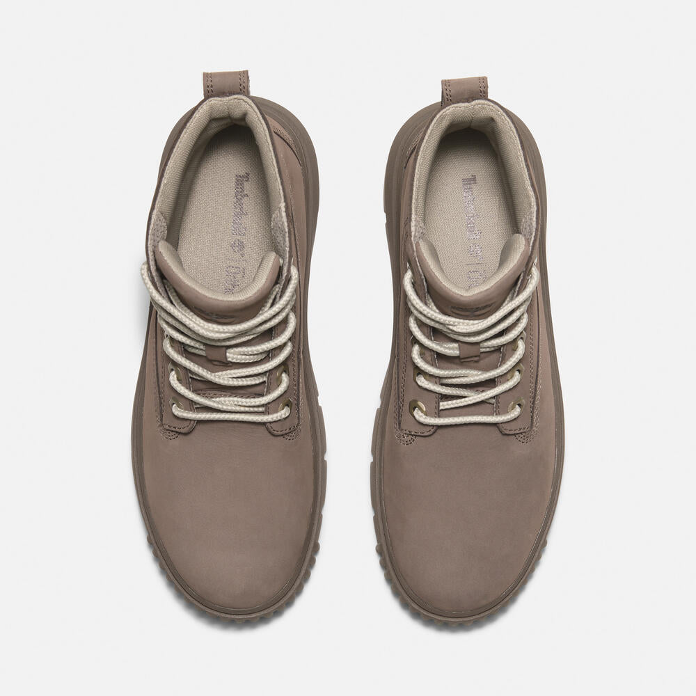 Timberland Greyfield Mid Lace-Up Boot for Women.  Leather boot with lace-up closure, ReBOTL lining, and comfortable cushioning. Versatile for casual wear and urban exploring