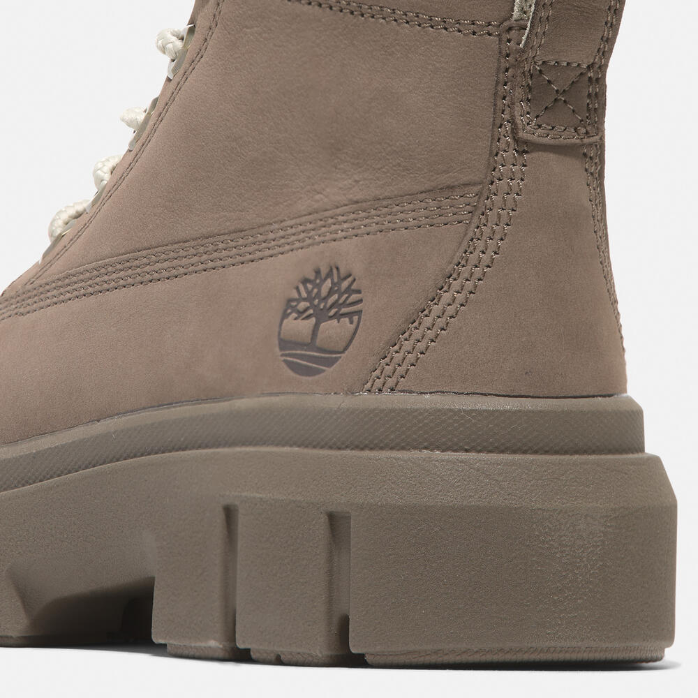 Timberland Greyfield Mid Lace-Up Boot for Women.  Leather boot with lace-up closure, ReBOTL lining, and comfortable cushioning. Versatile for casual wear and urban exploring