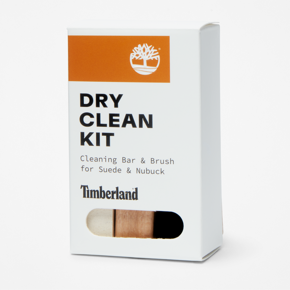 TimberlandÂ® Dry Cleaning Kit. Package containing a cleaning bar and a nylon brush. Ideal for safely removing dried dirt and stains from suede, nubuck, and canvas footwear.