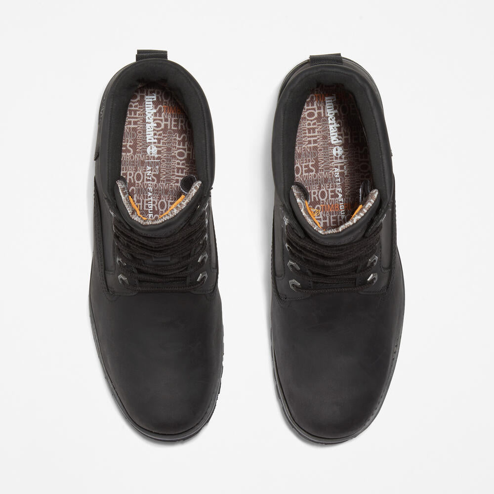 Timberland Rugged Waterproof II 6-Inch Boot for Men in Black. Black waterproof leather boot with ReBOTL lining and anti-fatigue technology.  Ideal for outdoor adventures and everyday wear.